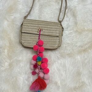 Women Straw Crossing Shoulder Bag with Colorful Pom Pom Tassel Boho 7.5x6x2.5in
